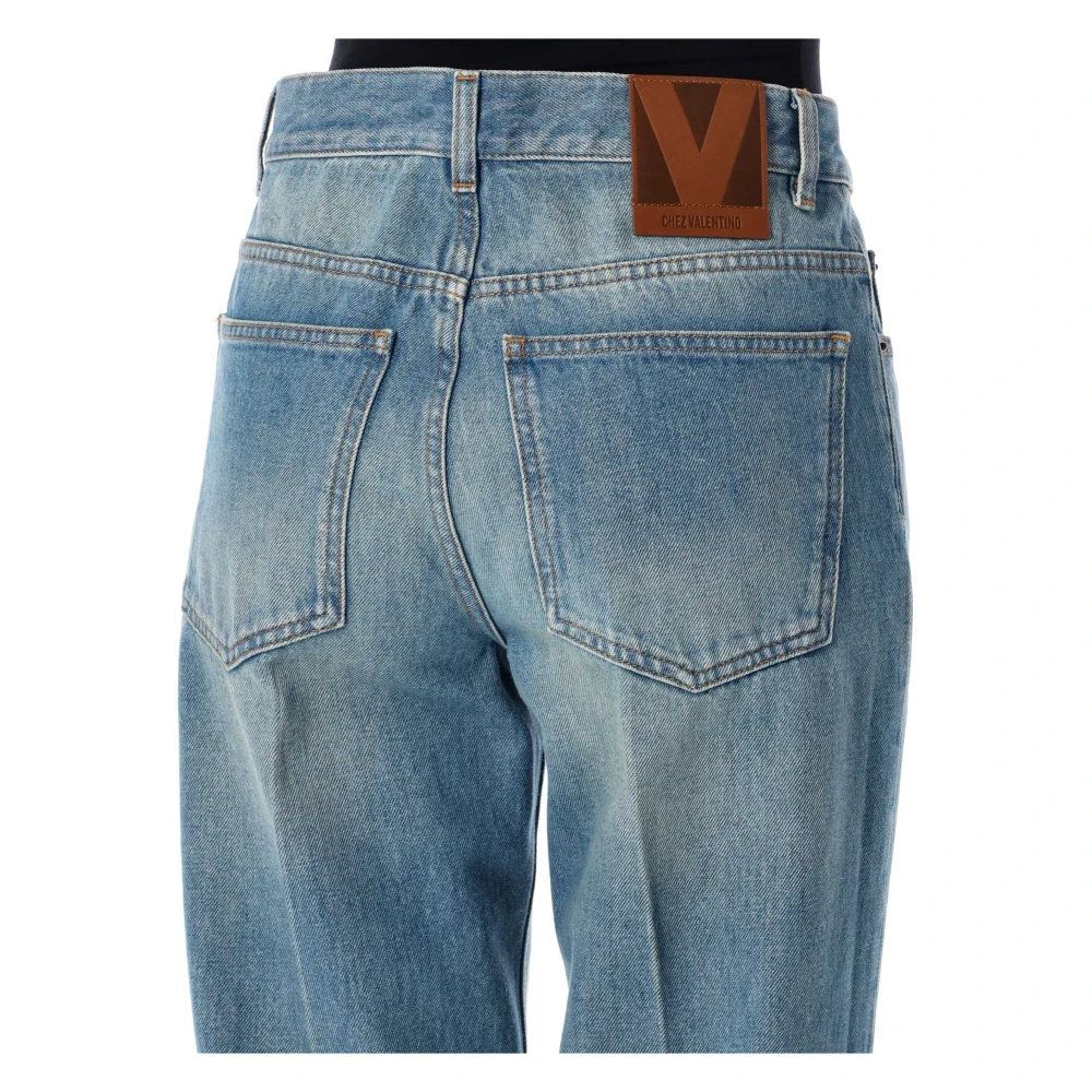 Valentino Garavani Denim Crop Jacquard Trim Straight Leg Blue Dames