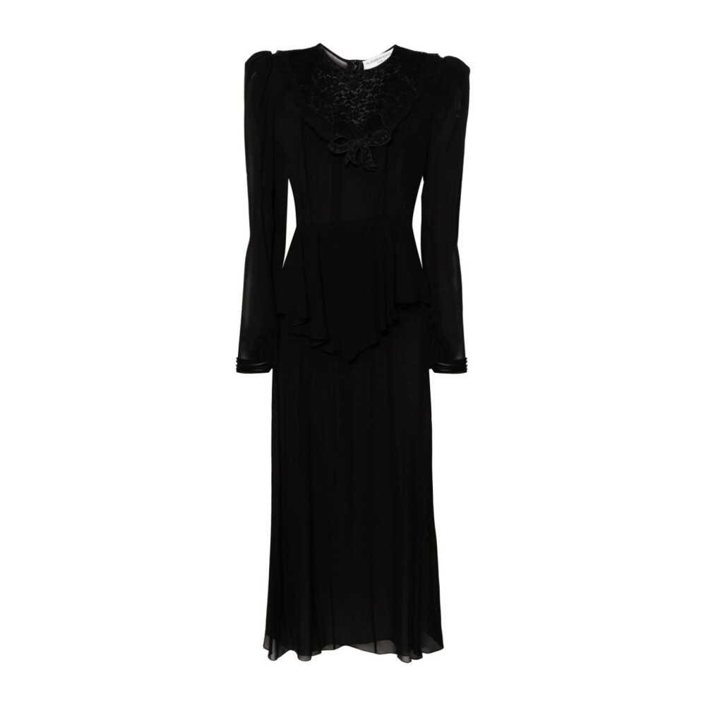 Black Georgette Silk Long Dress with Floral Lace Detail