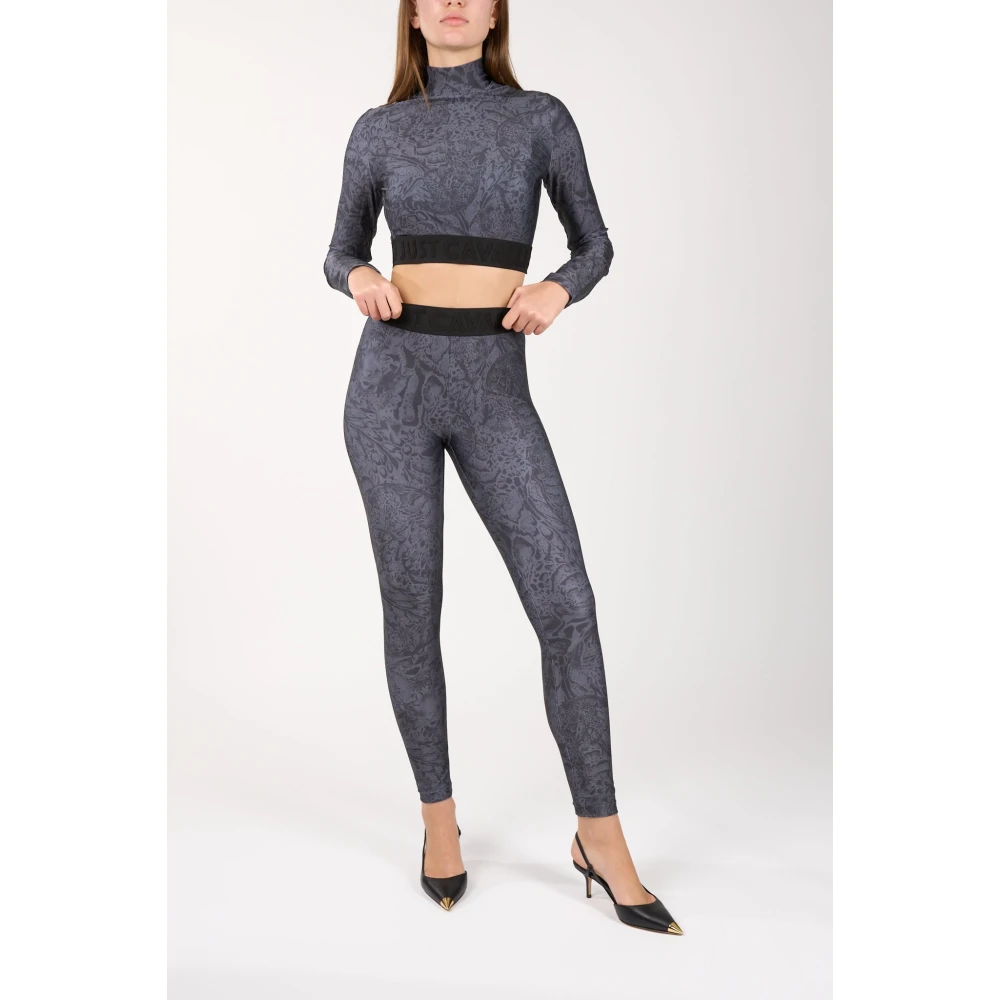 Just Cavalli Gedrukte Lycra Crop Top met lange mouwen Gray Dames