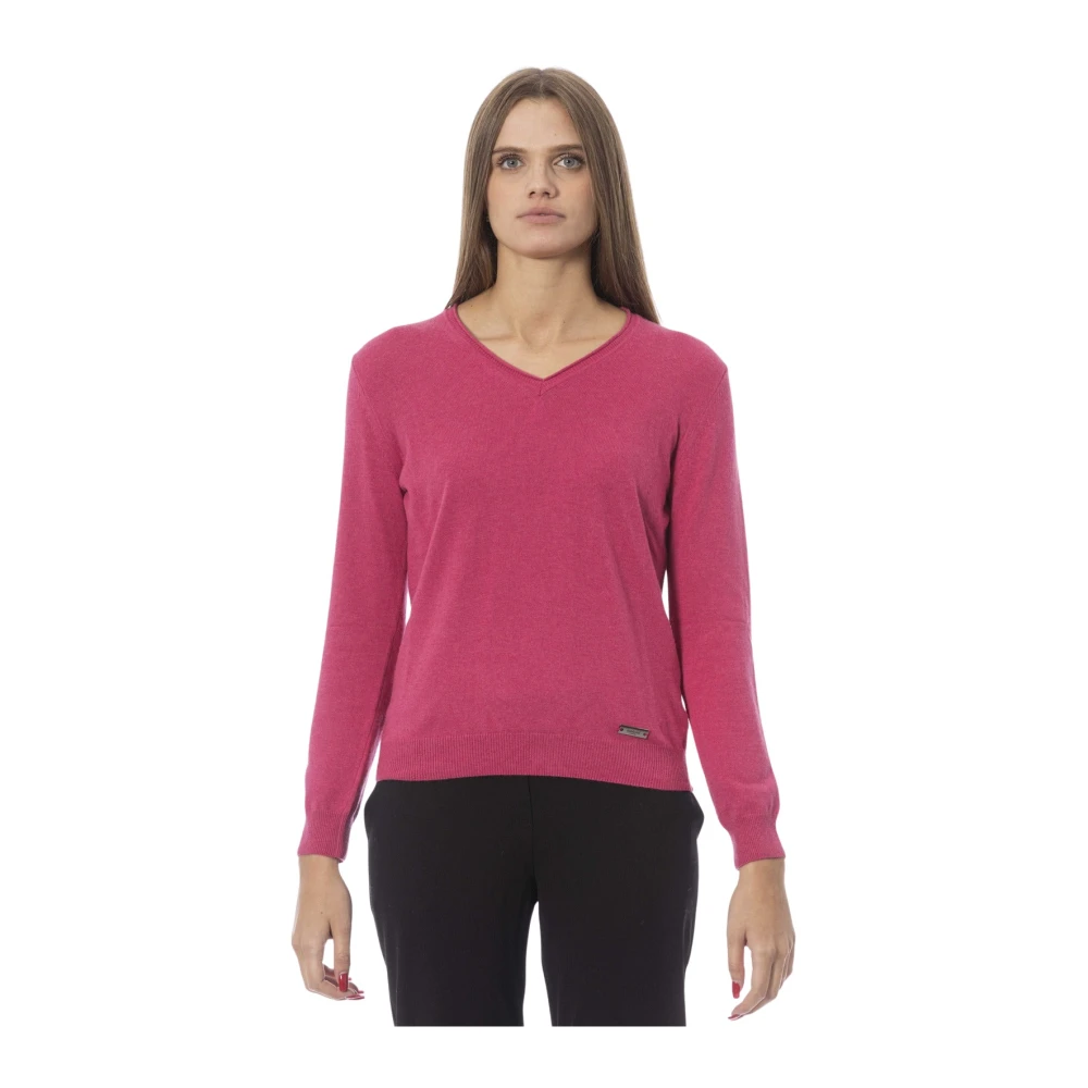 Baldinini Fuchsia V-hals Sweater met Ribbed Details Pink Dames