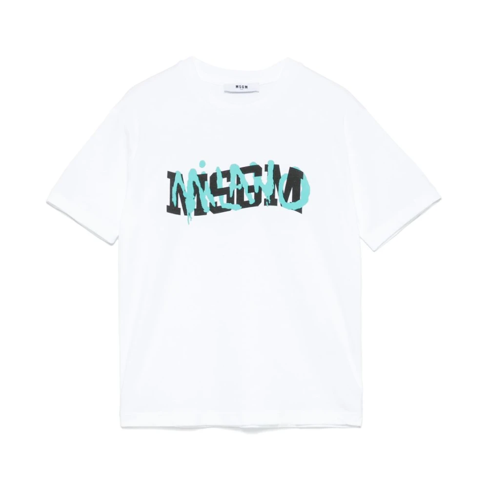 Msgm Wit Logo Print Crew Neck T-shirt White Heren