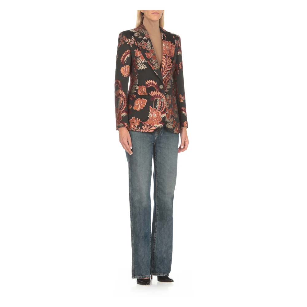 ETRO Zwarte Bloemen Blazer Peak Revers Multicolor Dames