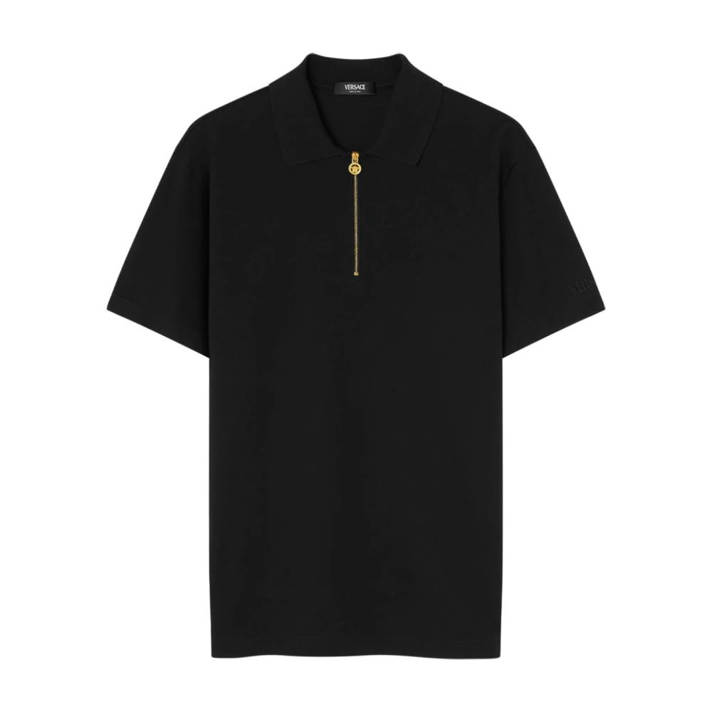 Versace Zwarte Poloshirt Met Rits Korte Mouwen Black Heren