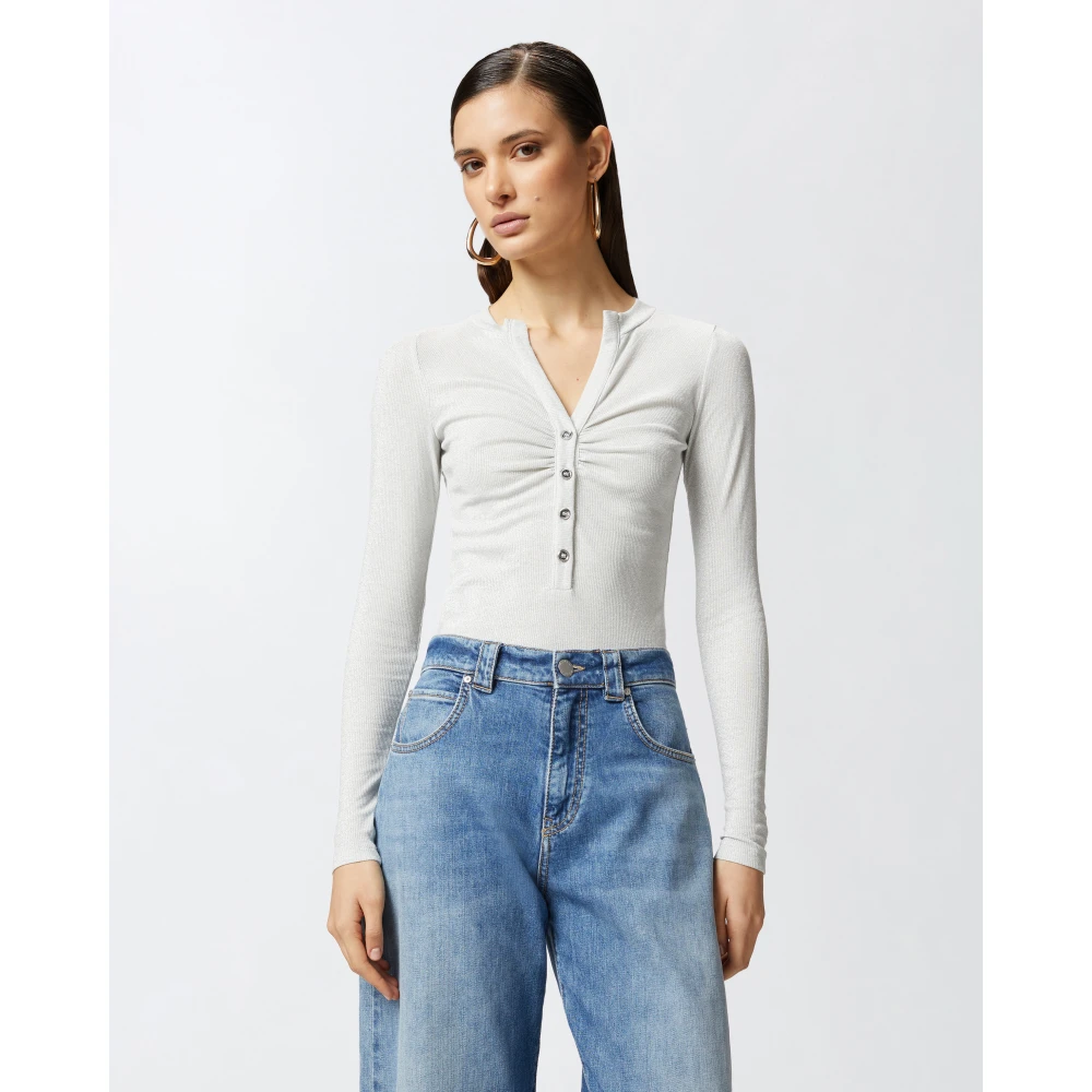 pinko Metallic Geribbelde Lange Mouw Henley Trui Gray Dames