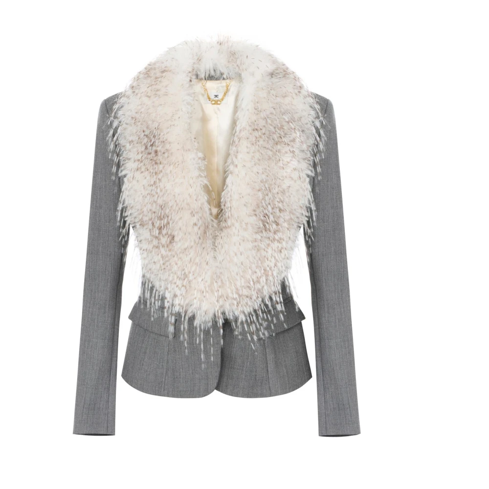 Elisabetta Franchi , Blazers, Female, Gray, L, Wool Jacket With Fur-Effect Collar