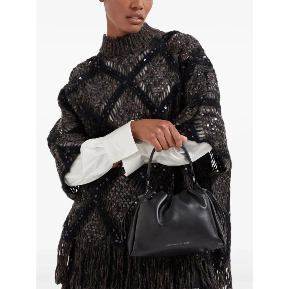 BRUNELLO CUCINELLI Zwarte leren handtas met Monile-details Black Dames