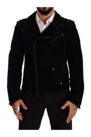 Black Cotton Full Zip Biker Coat Jacket