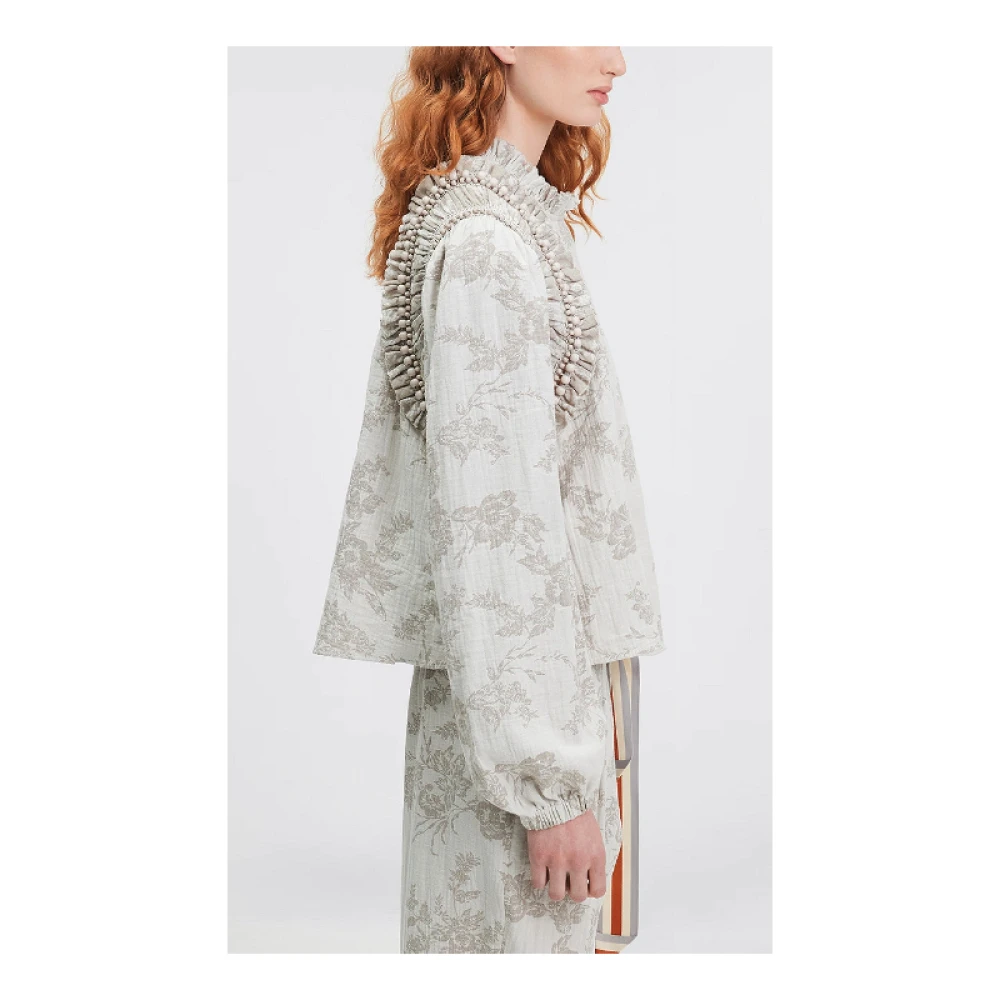 Mes Demoiselles Bloemenkatoenen overhemd met kraaldetail Beige Dames