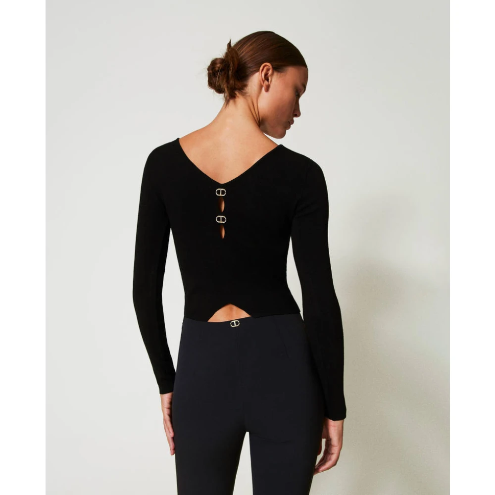 Twinset Omkeerbare zwarte truien met ovale T-metalen platen Black Dames