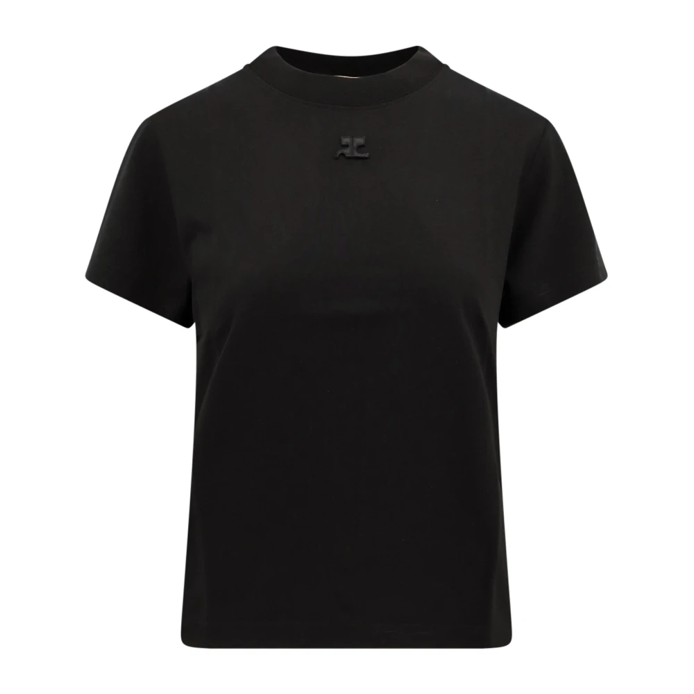 Courrèges Zwarte Geribbelde T-shirt met Logo Patch Black Dames