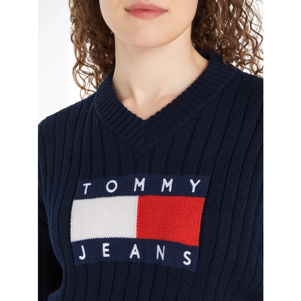 Tommy Jeans Blauwe Sweater met V Center Flag Blue Dames