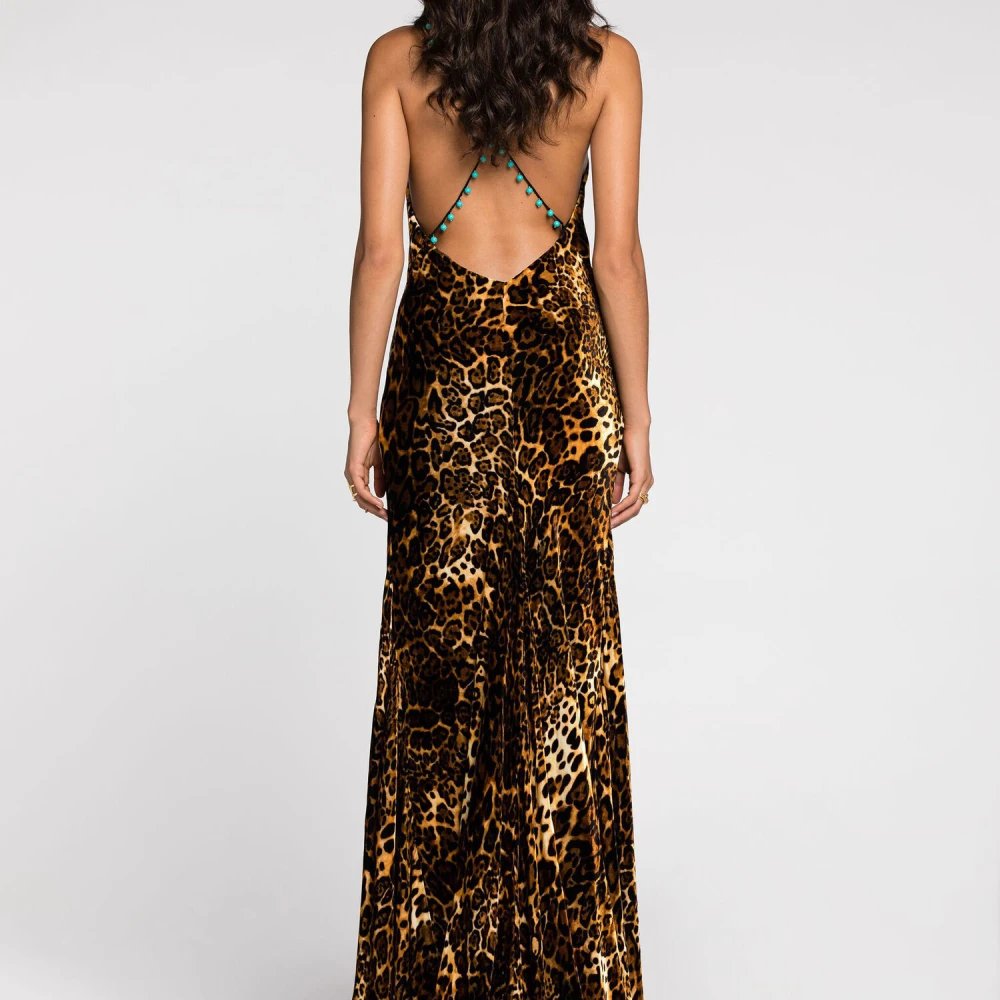 Roberto Cavalli Luipaardprint Slipjurk met Gedrapeerd Sleep Brown Dames
