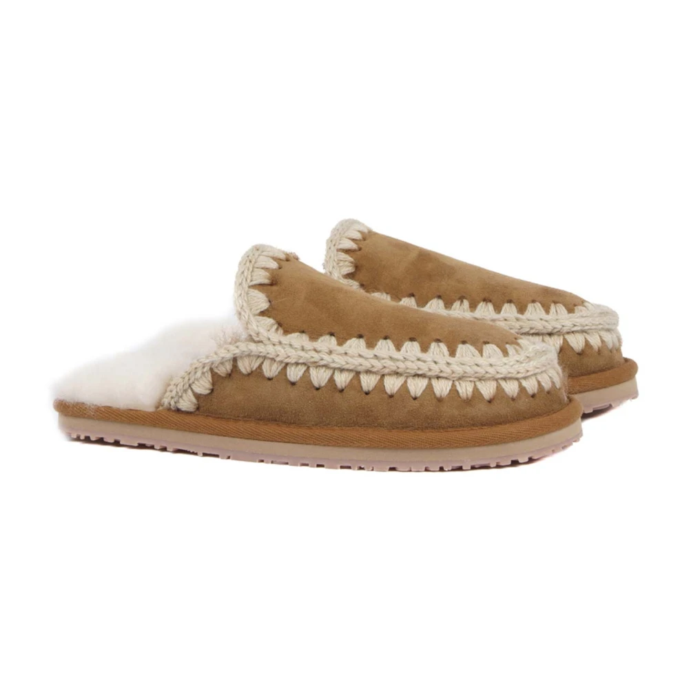 Mou Leren Slipper met Beige Stiksels Brown Dames