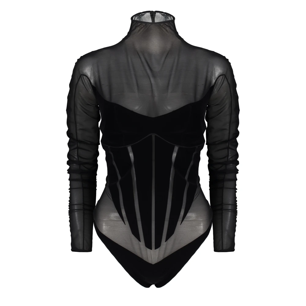 Mugler Semi-transparante body met fluwelen inzetstukken Black Dames