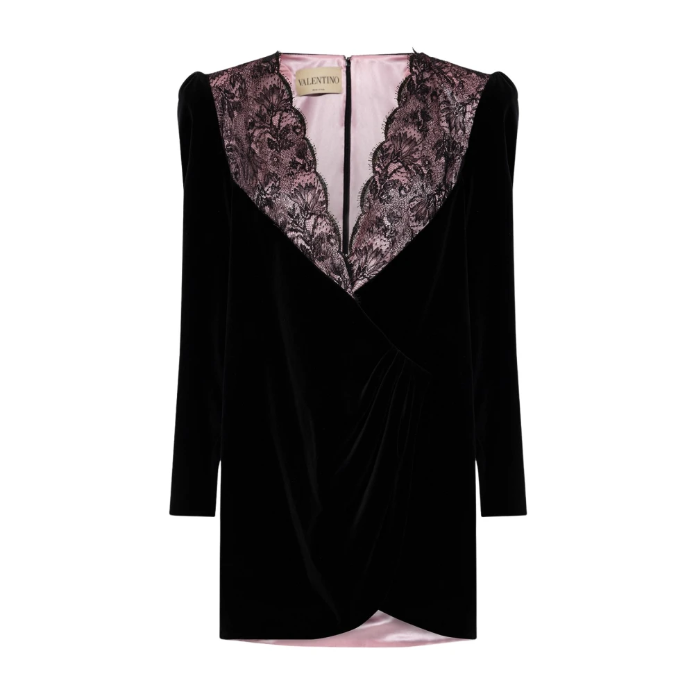 Valentino Garavani , Party Dresses, Female, Black, S, Velvet Dress With Lace Trim