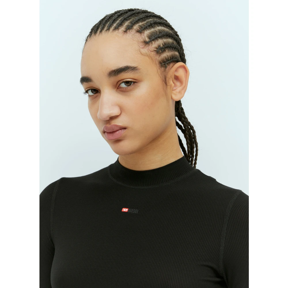 Diesel Ribgebreide Midi Jurk met Logoborduursel Black Dames