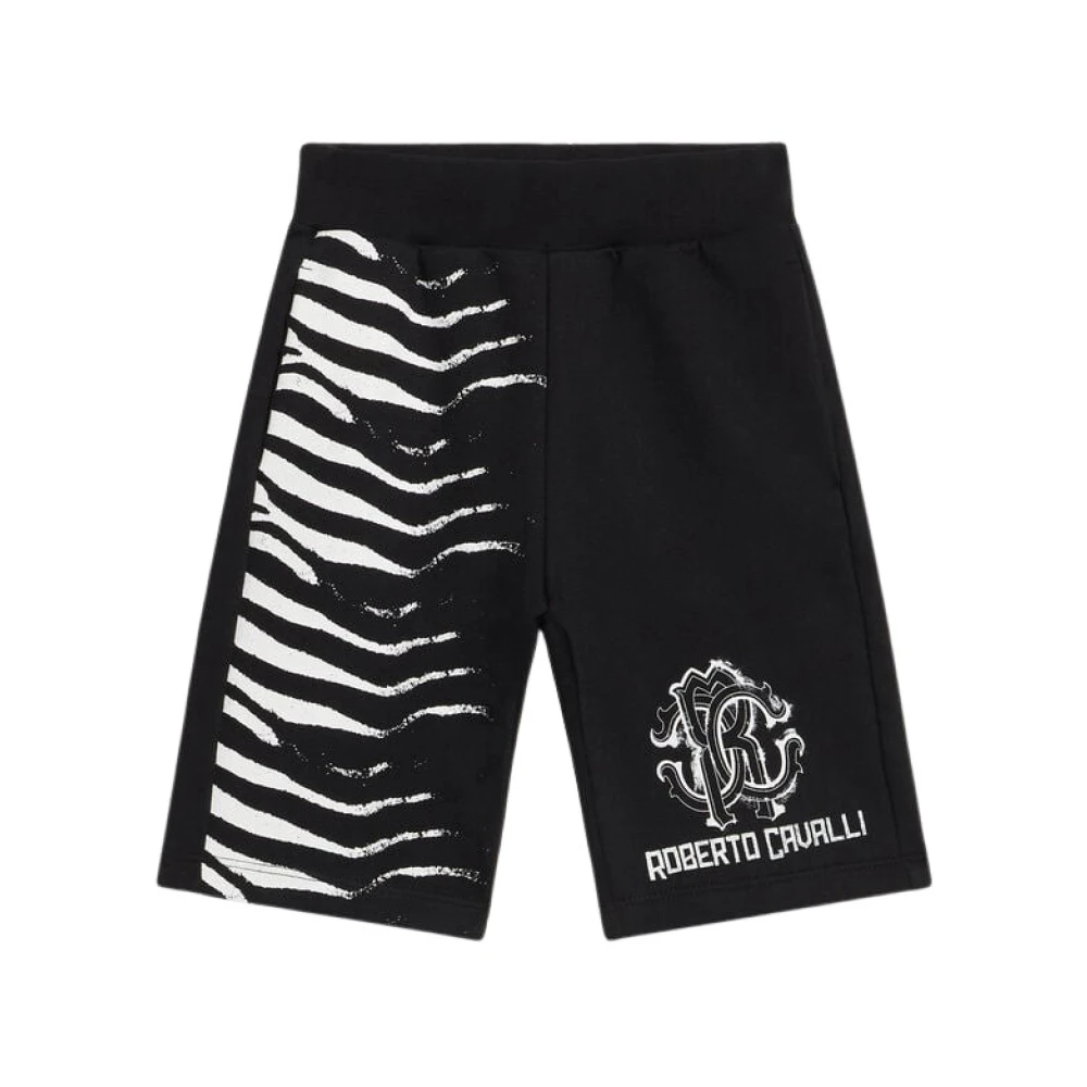 Roberto Cavalli Black Shorts, Male, 16 Y, Zebra Print Cotton Trousers Elasticated Waist