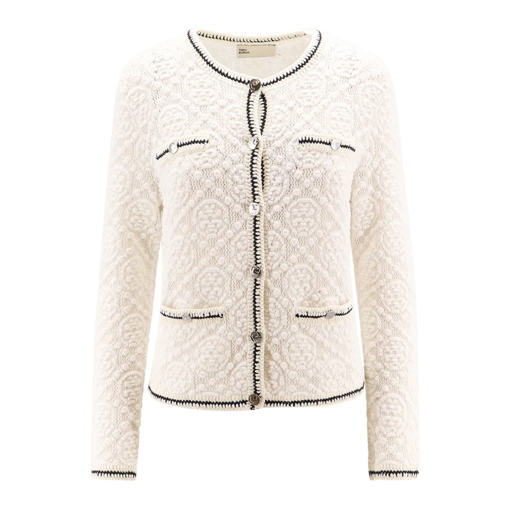 TORY BURCH Wit Gebreide Kleding Ronde Hals Metalen Knopen White Dames