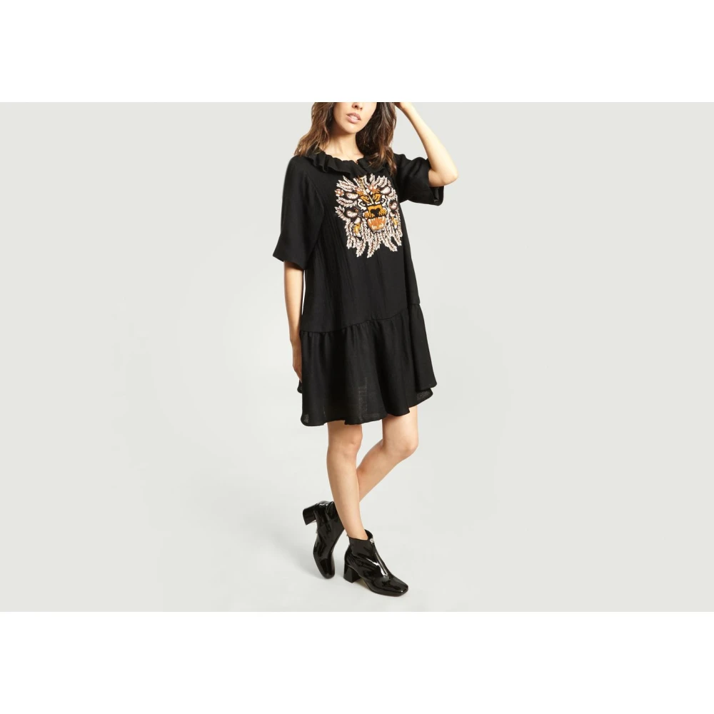 Manoush Zwarte Wol Ruffle Jurk Simba Black Dames