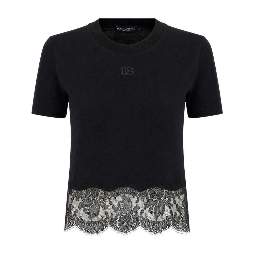 Dolce & Gabbana Donna Nero - T-Shirt In Jersey Con Pizzo - Tops - Xs
