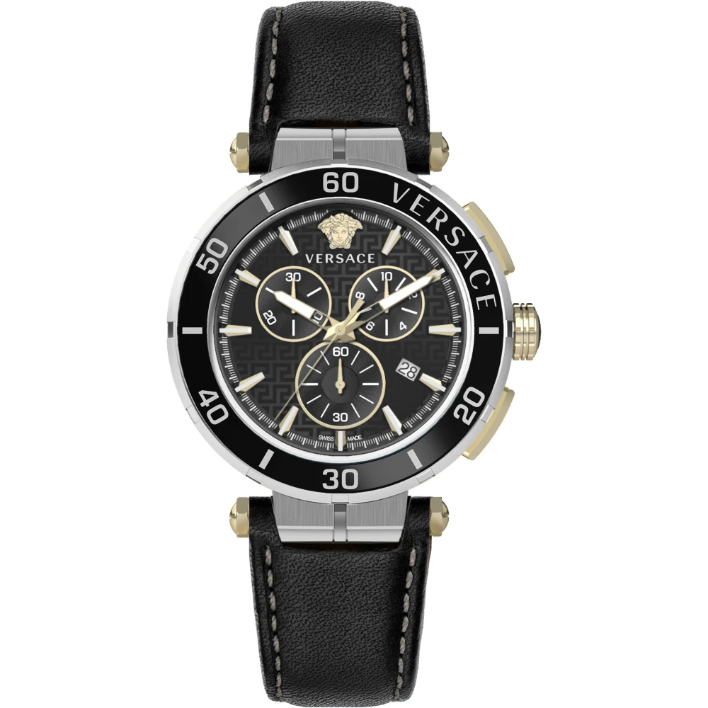 Versace Men's Black Greca Chronograph Leather Strap Watch