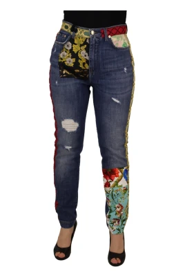 Blå Patchwork Hög Midja Denim Jeans