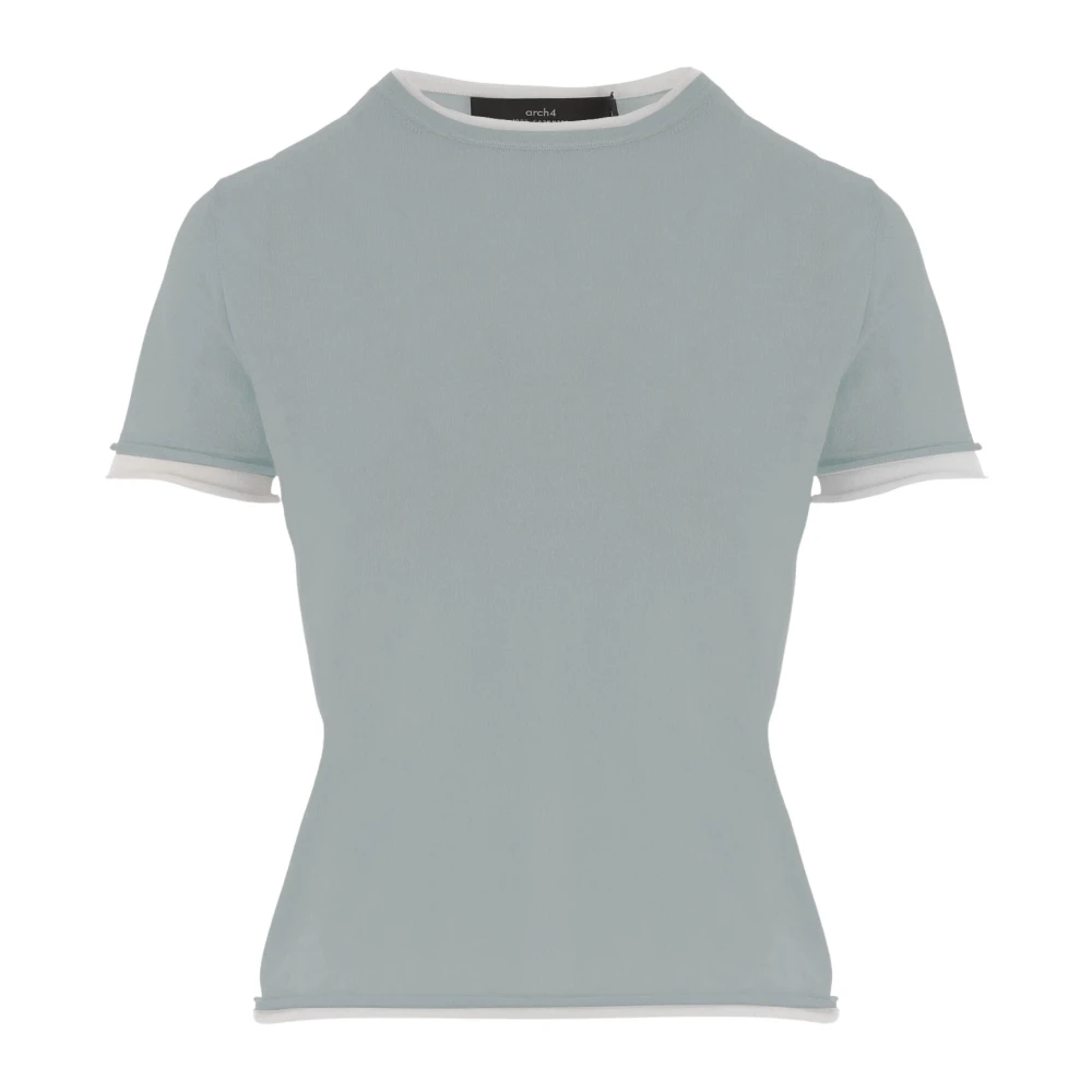 Arch4 Women's Blue Cashmere T-Shirt With Contrasting Edging