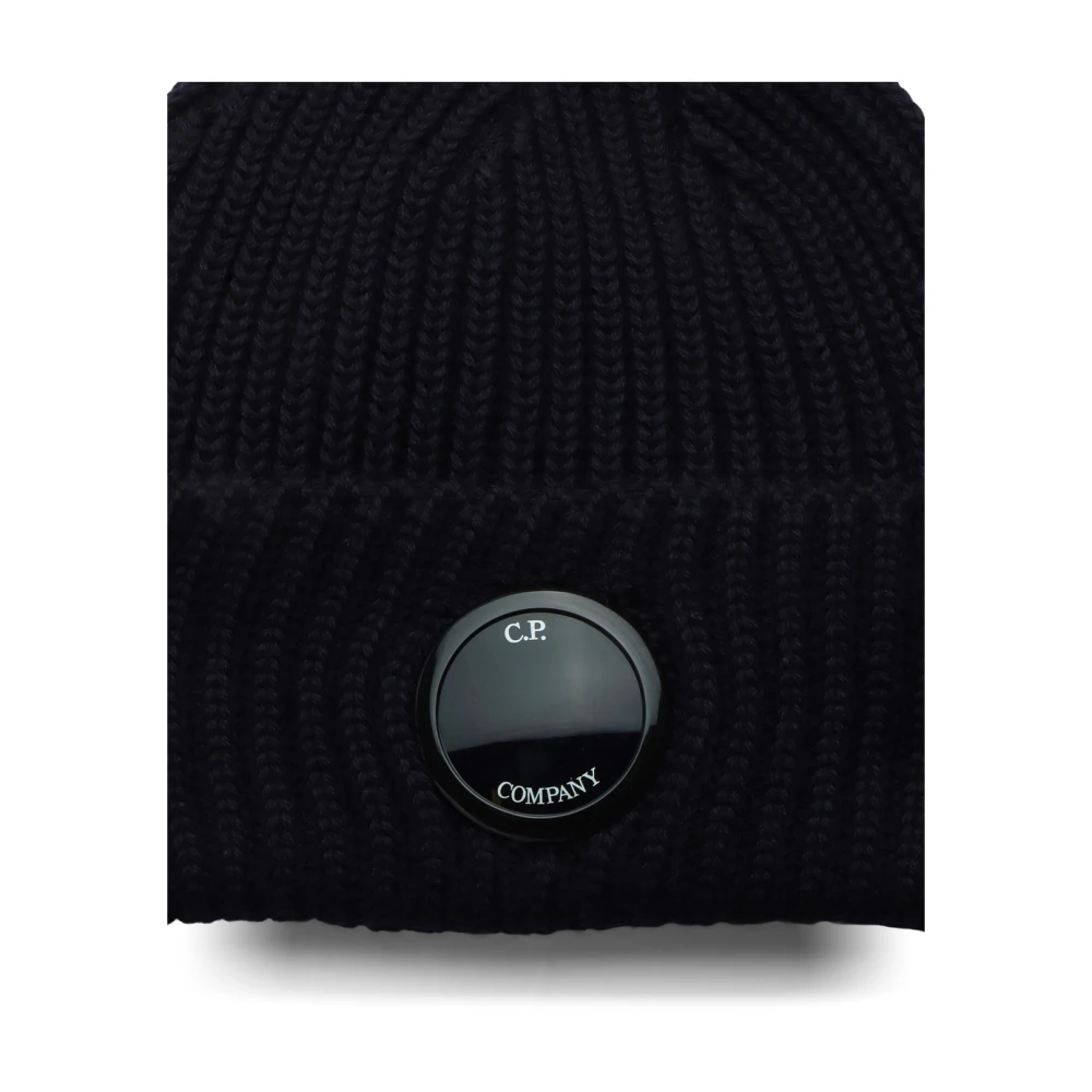 C.P. Company Merino Wol Ribgebreide Beanie Muts Blue Heren