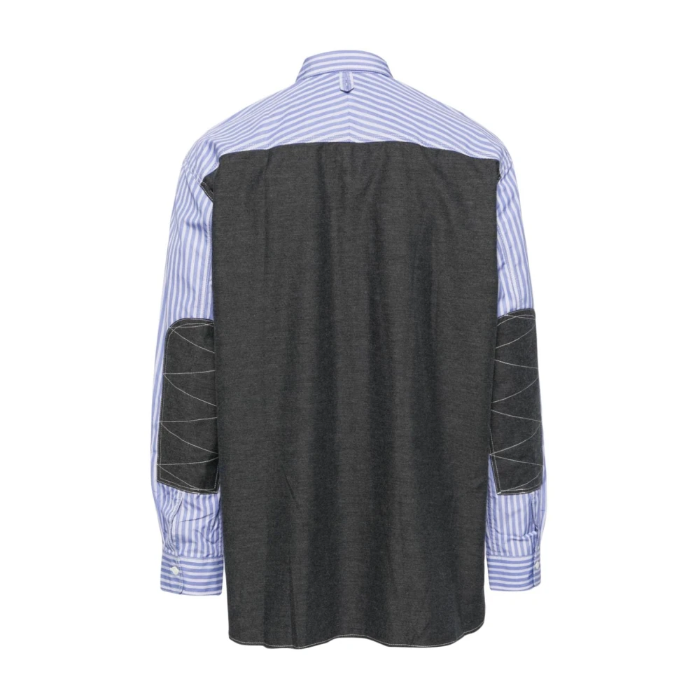 Junya Watanabe Gestreept katoenen overhemd met flanellen elleboogpatches Blue Heren