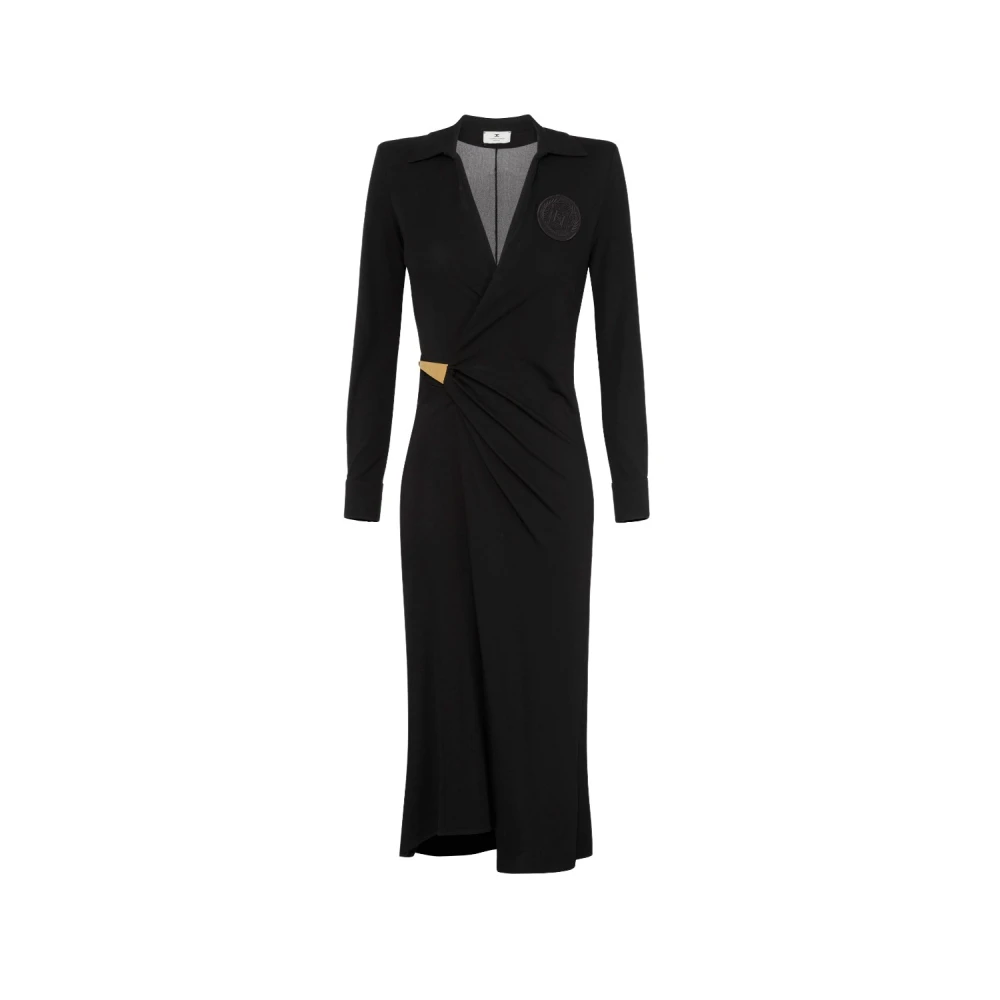 Elisabetta Franchi Zwarte Midi Jurk met Overhemdkraag Black Dames