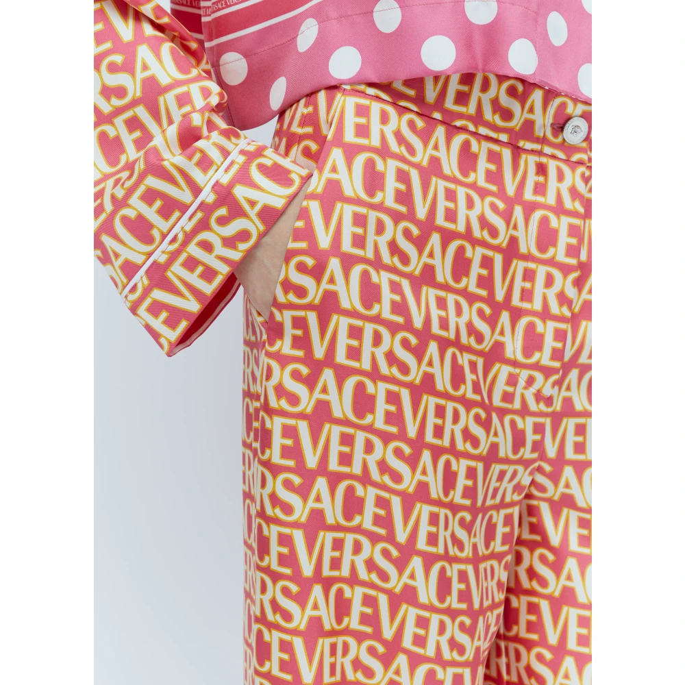 Versace Zijden Logo Print Broek Pink Dames