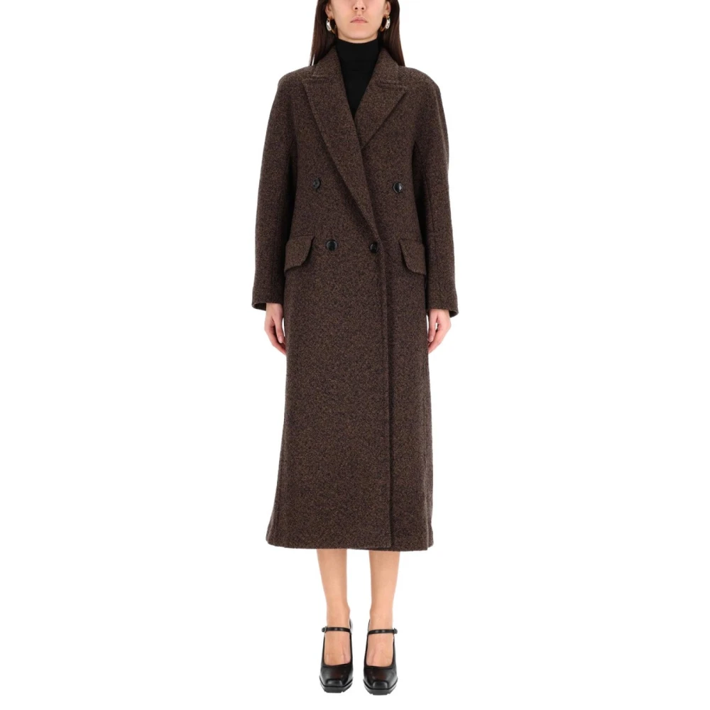 Max Mara Brown Double-Breasted Coats, Female, 2XS, Double-Breasted Long Wool Blend Coat