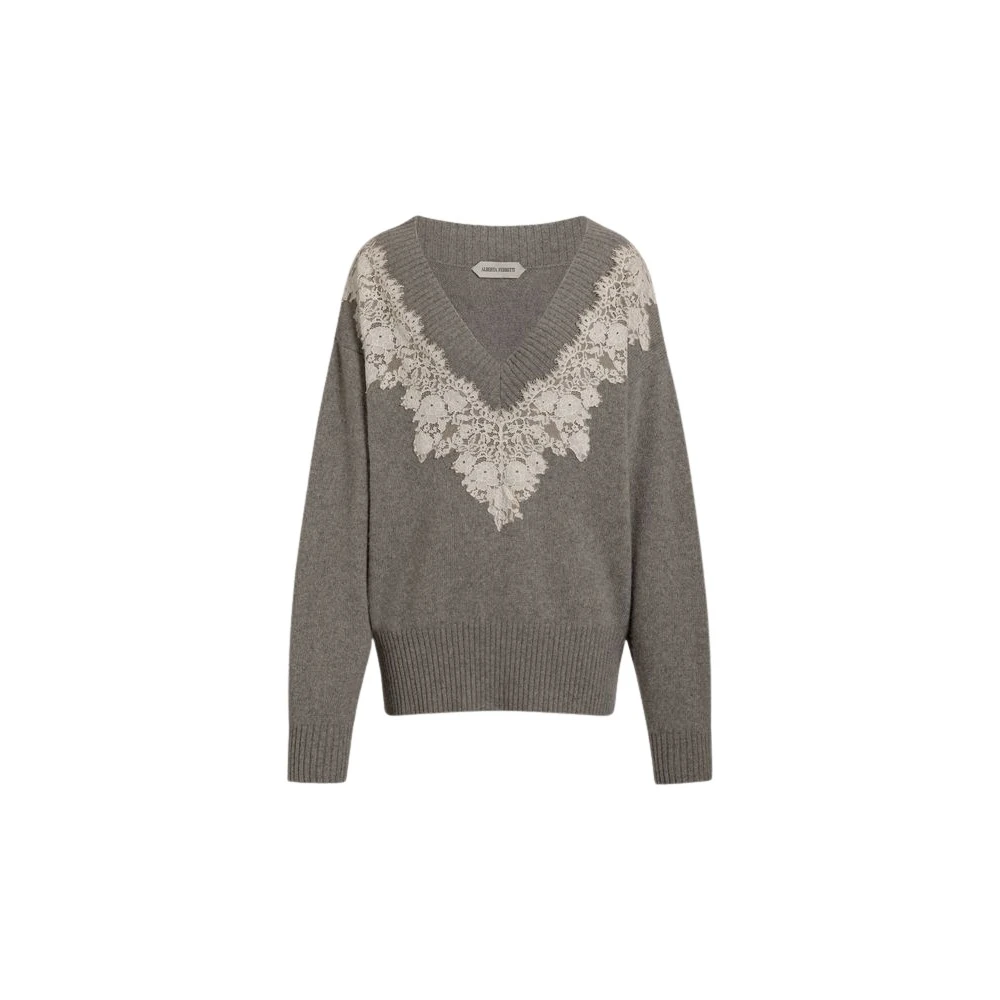 Alberta Ferretti Gray Cashmere V-Neck Jumper With Lace Insert - Female - Cashmere Knitwear - M - Knitwear