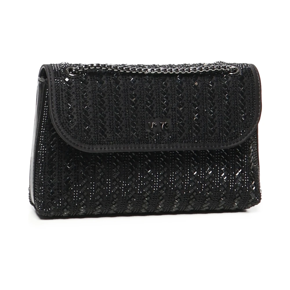 V73 Zwarte Satijnen Flap Steen Tas Black Dames