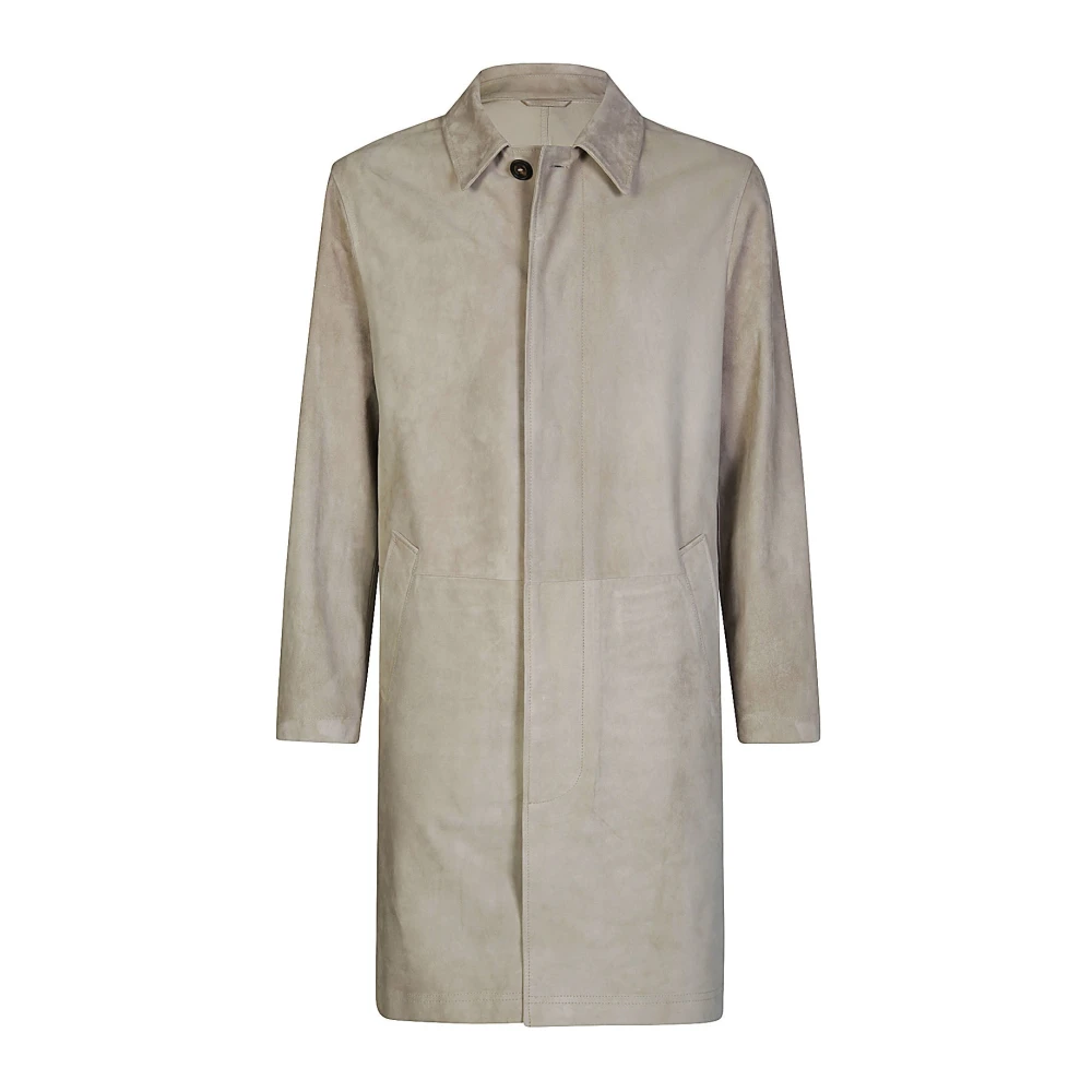 Eleventy Suède Trenchcoat met Hoornknopen Beige Heren