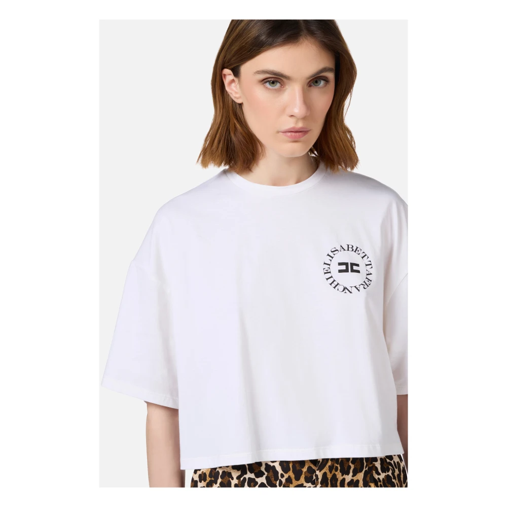 Elisabetta Franchi Geknipte Logo Print Katoenen T-shirt White Dames