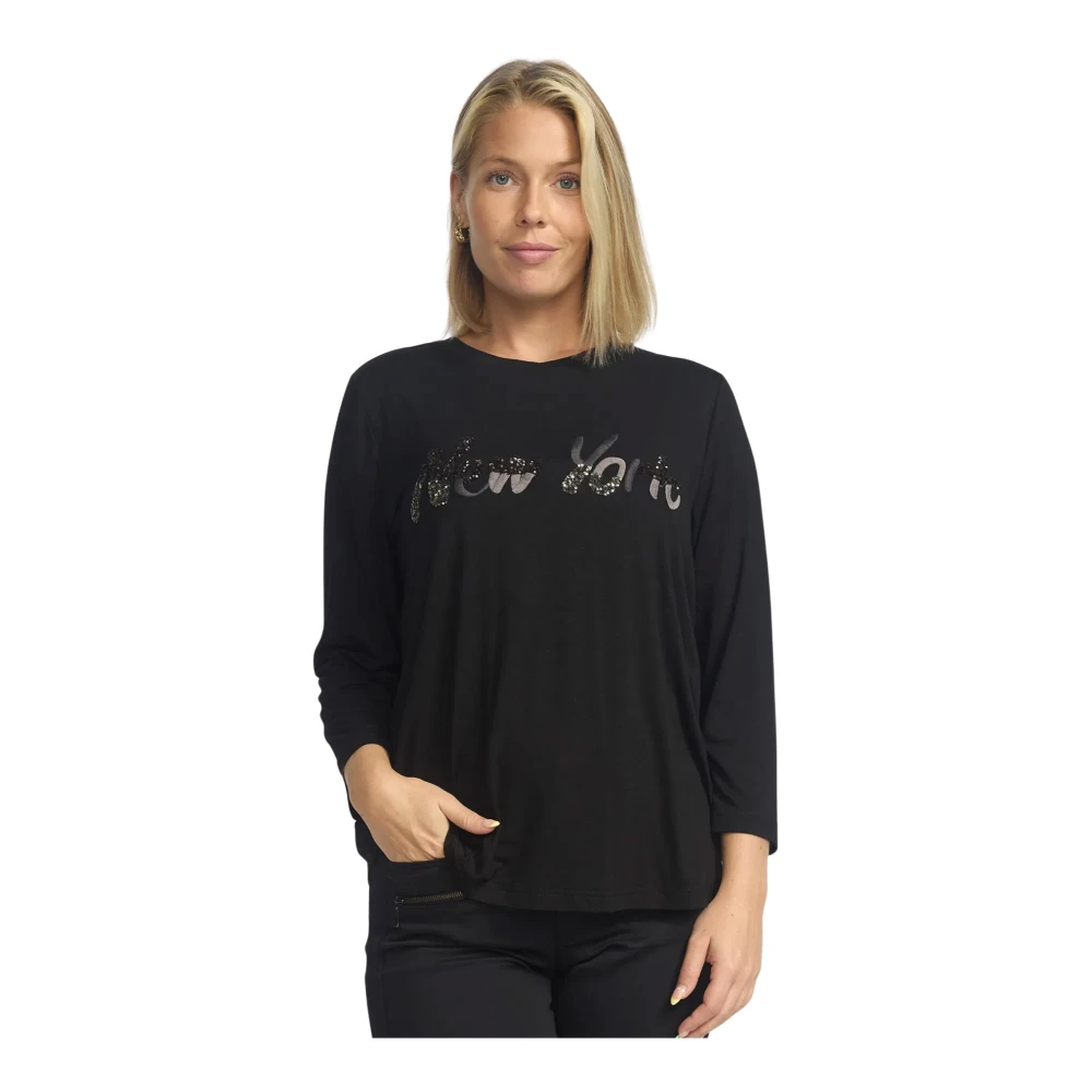 2-Biz Zwarte Cropped Tee met Pailletmotief Black Dames