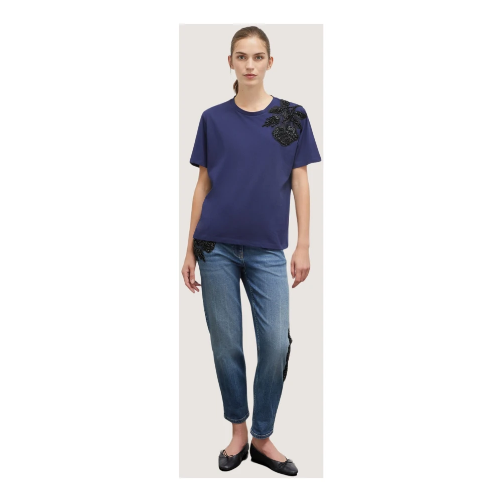 Motivi Geborduurd katoenen T-shirt Blue Dames