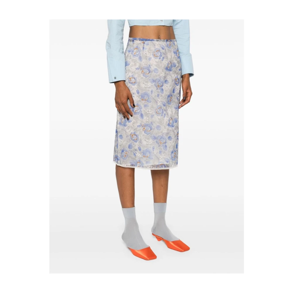 Prada Heldere Blauwe Bloemenpotloodrok Blue Dames