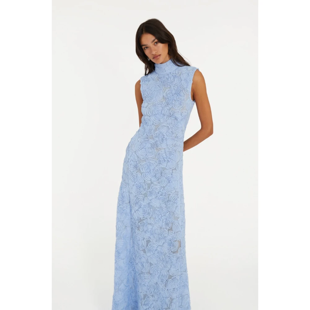 Rotate Birger Christensen Bloemen Mesh Maxi Jurk Lichtblauw Blue Dames