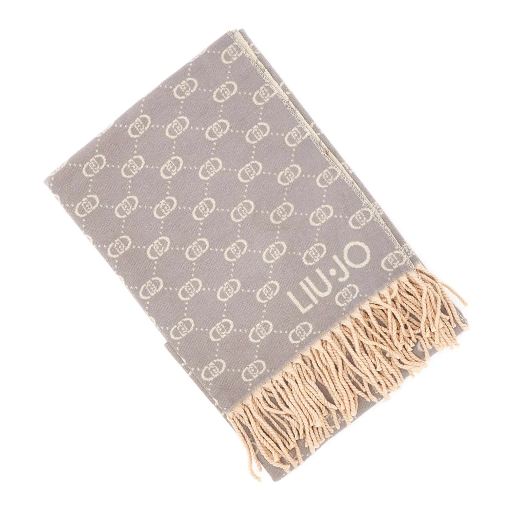 Liu Jo Grijze Jacquard Logo Sjaal met Franjes Gray Dames