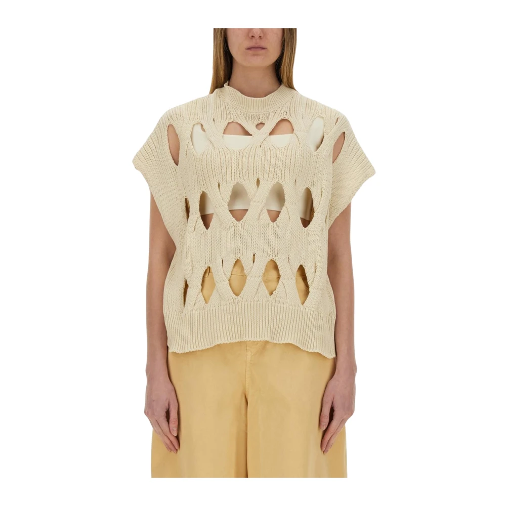 Alysi Women's Beige Round-Neck Knitwear, S, Cut-Out Knit Sleeveless Top