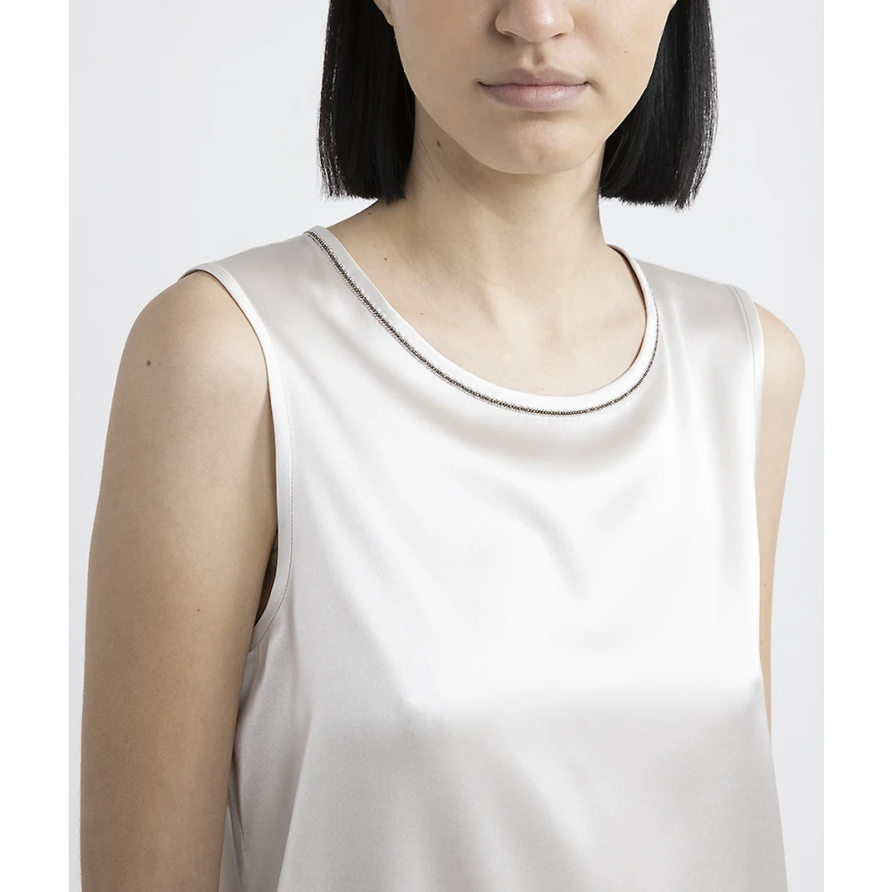 PESERICO Glanzende zijden satijnen top met Punto Luce afwerking White Dames