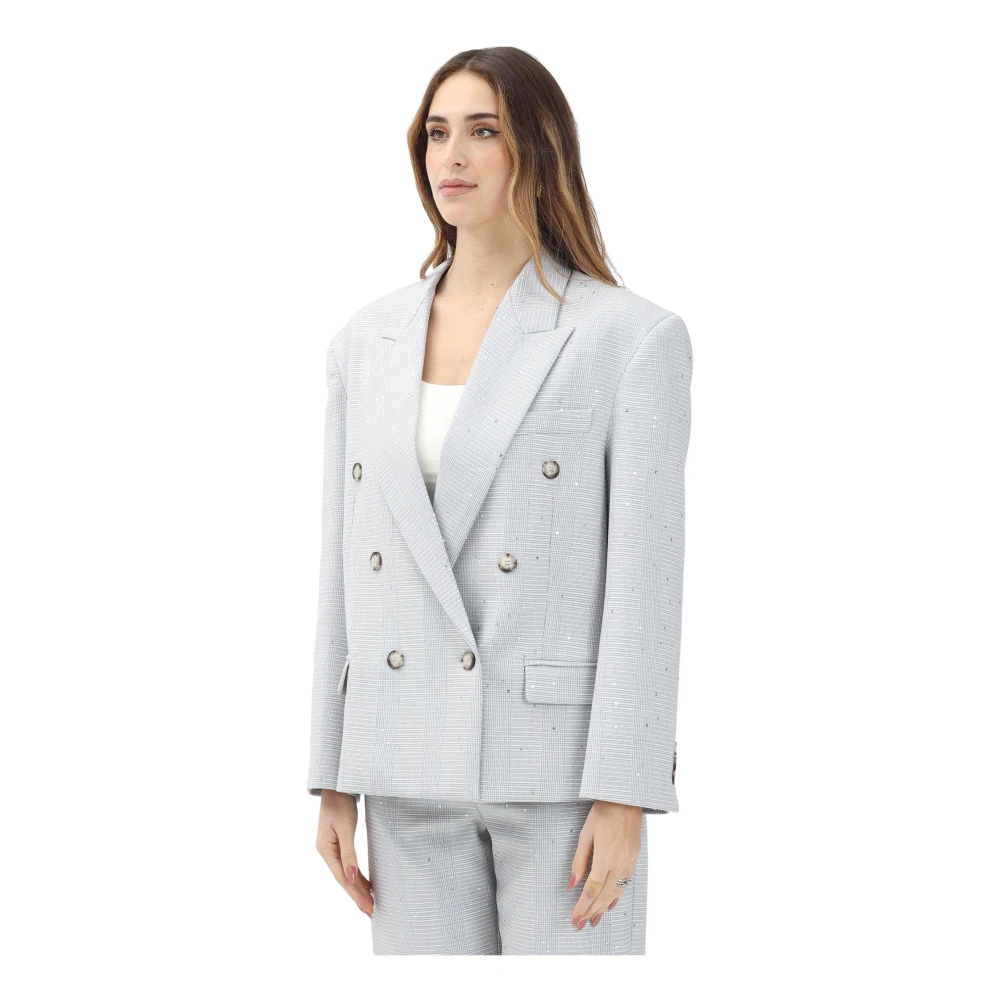 ViCOLO Dubbelbreasted grijze jas met pied-de-poule motief White Dames