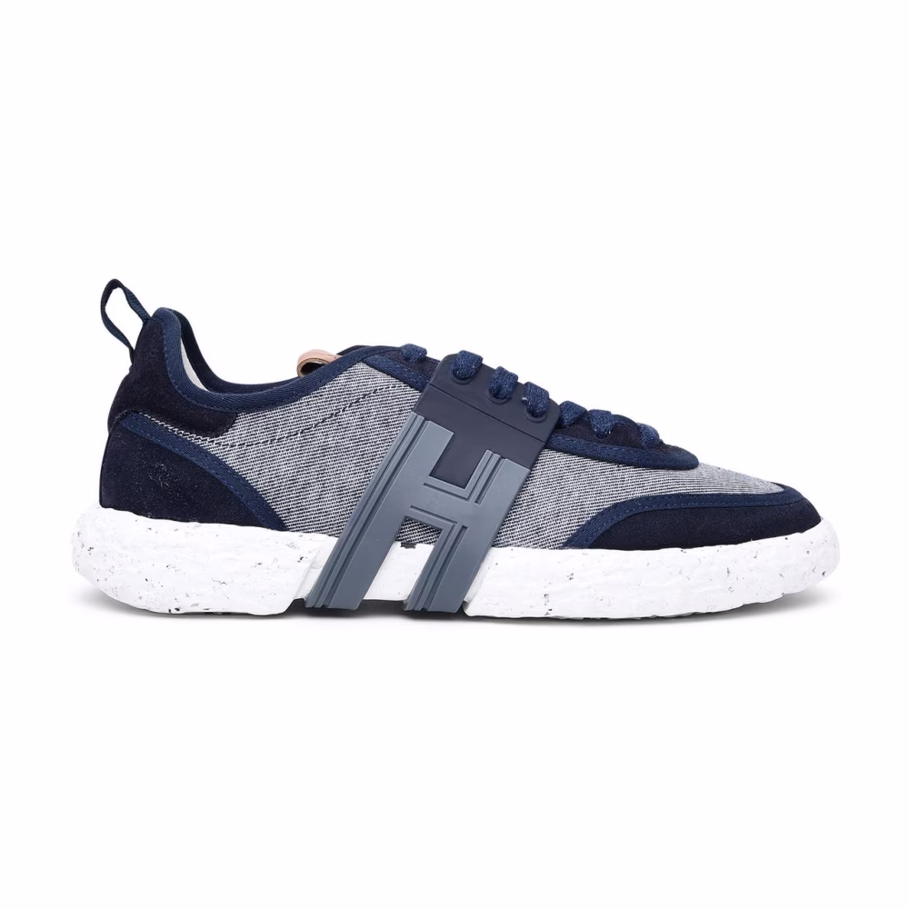 Blaue Baumwoll-Sneaker mit besticktem Seidentop