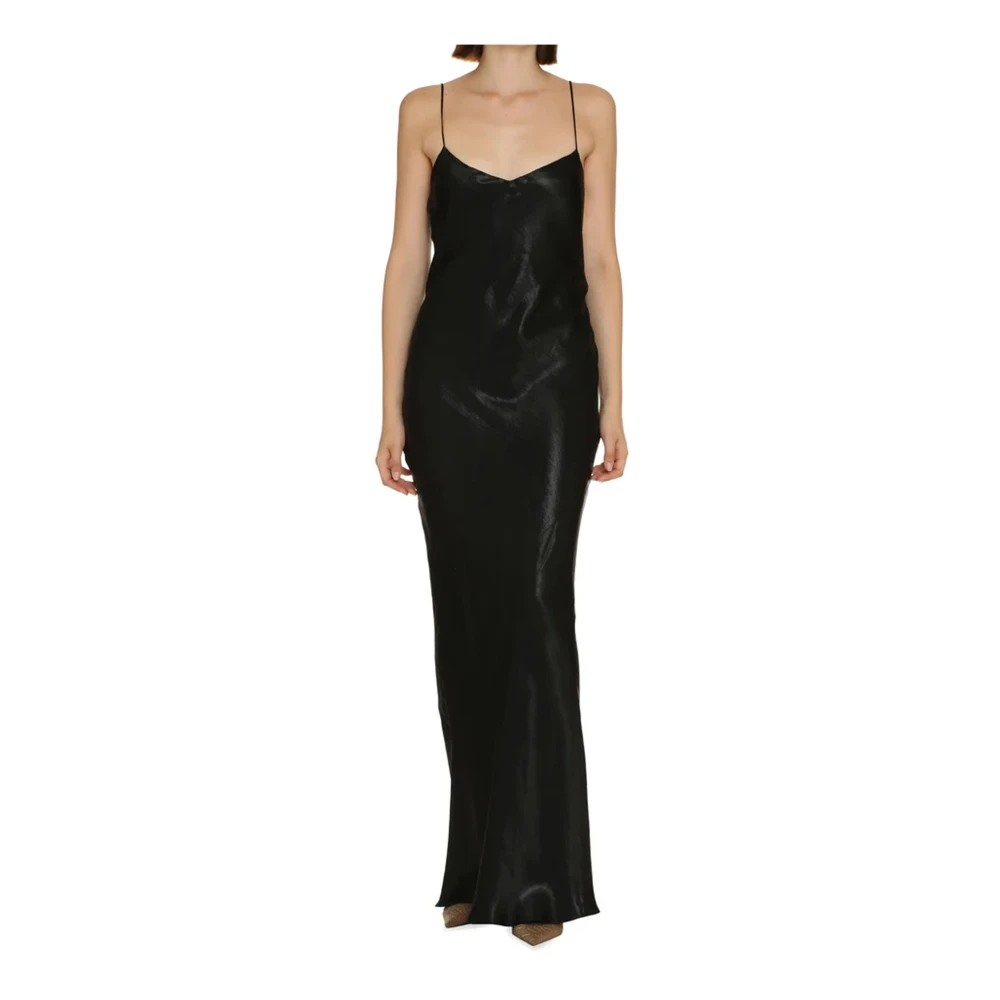 Saint Laurent Elegante Zwarte Satijnen Lange Jurk Black Dames