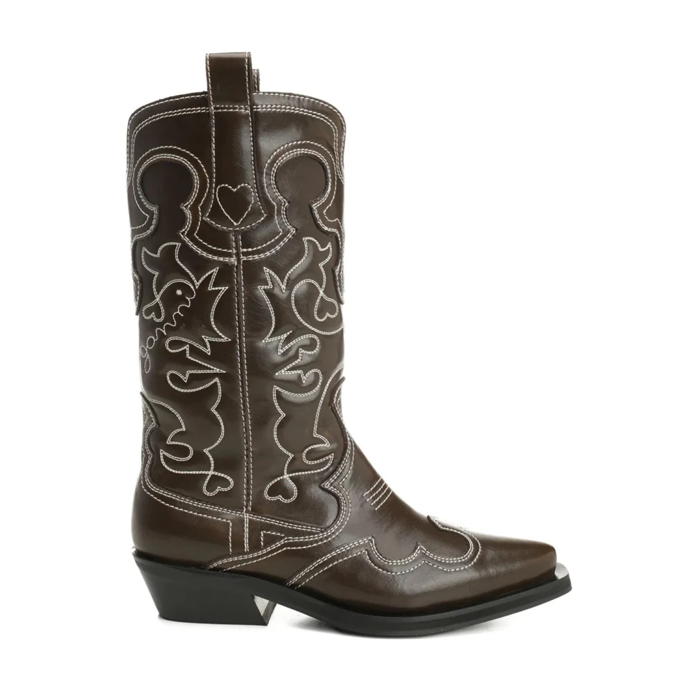 Ganni Women's Brown Cowboy & Biker Boots, 3 Uk, Embroidered Western Boot In Dark Olive