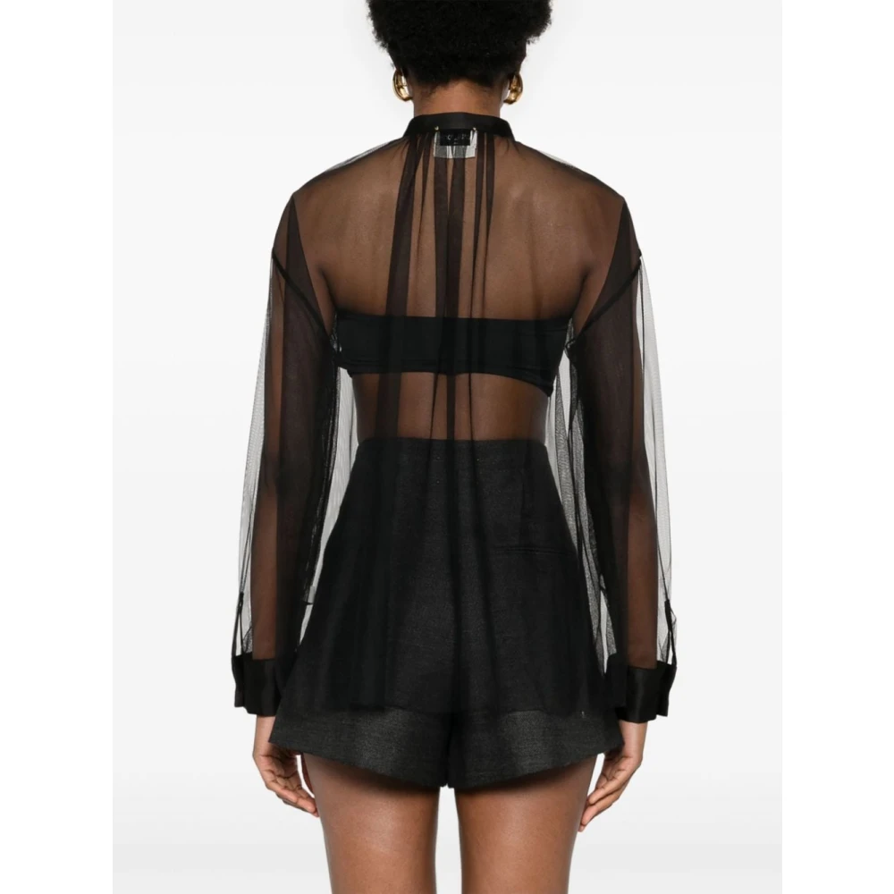 Forte Bohemian Shirt van Tule met Mandarin Kraag Black Dames