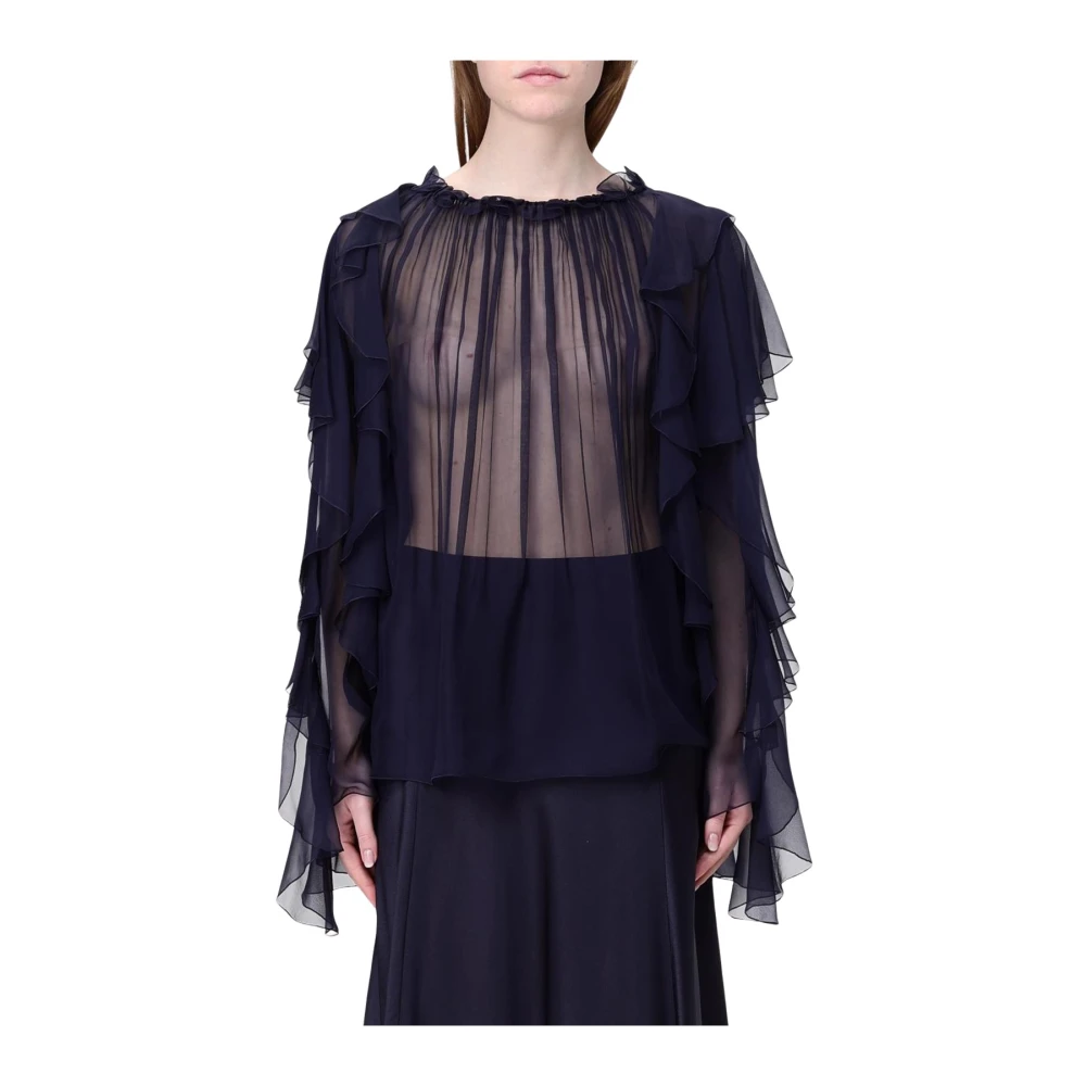 Alberta Ferretti Women's Blue Silk Ruffle Blouse Elegant Style Medium
