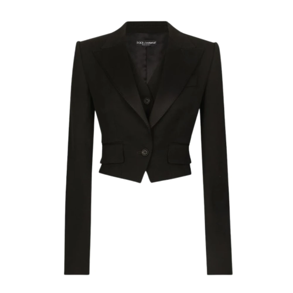 Dolce & Gabbana Gabardine Cropped Blazer Jas Peak Revers Black Dames
